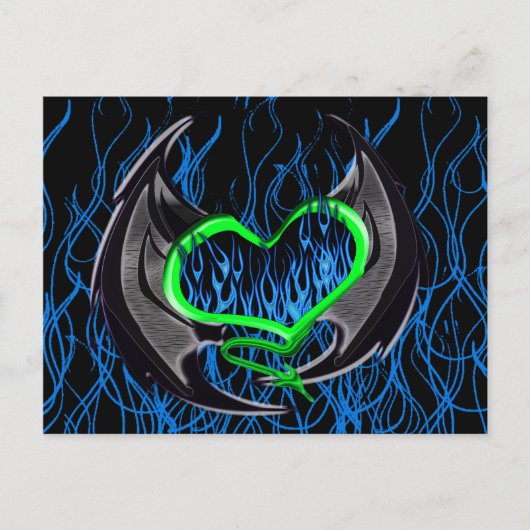 Grün flammendes Herz mit Bat Wings Postkarte (Vorderseite)
