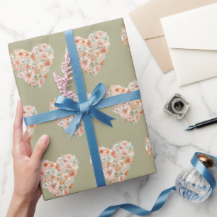 Grün Floral Pfirsich Orange Blush Herzen Geburtsta Geschenkpapier