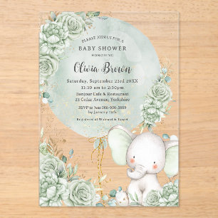 Grün florale Elephant Neutral Baby Dusche Acryleinladungen