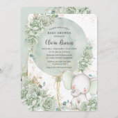Grün florale Elephant Neutral Baby Dusche Einladung (Vorne/Hinten)