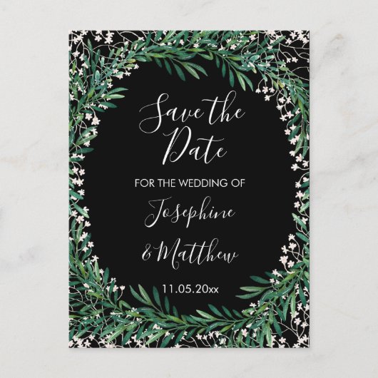 Grün & Florets Wasserfarbe Save the Date schwarz Ankündigungspostkarte (Vorderseite)