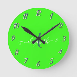 Grün fluoreszierendes Neon-Monogramm Runde Wanduhr