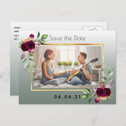 Grün Foto Blumenhochzeit Feiern Ankündigungspostkarte (Vorne/Hinten)