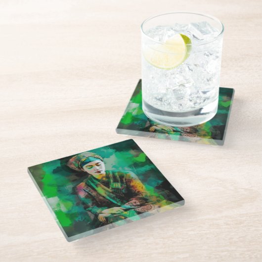 Grün-Frau Glasuntersetzer (Schrägansicht)