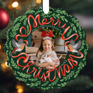 Grün frohe Weihnachts-Folk Foliage Wreath-Foto Ornament Karte