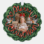 Grün frohe Weihnachts-Folk Foliage Wreath-Foto Ornament Karte (Rückseite)