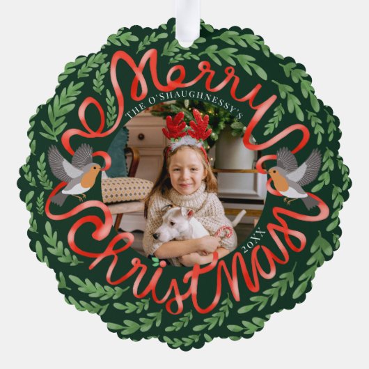 Grün frohe Weihnachts-Folk Foliage Wreath-Foto Ornament Karte (Rückseite)