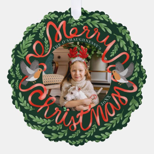 Grün frohe Weihnachts-Folk Foliage Wreath-Foto Ornament Karte (Vorderseite)