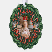 Grün frohe Weihnachts-Folk Foliage Wreath-Foto Ornament Karte (Links)