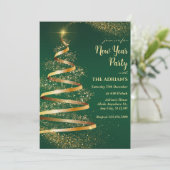 Grün funkelnde Weihnachtsbaume Neujahr Party Einladung (Stehend Vorderseite)