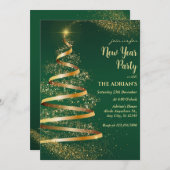 Grün funkelnde Weihnachtsbaume Neujahr Party Einladung (Vorne/Hinten)