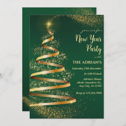 Grün funkelnde Weihnachtsbaume Neujahr Party Einladung (Vorne/Hinten)