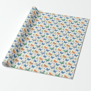 Grün Gelb Blaue Schmetterlinge und Blumen Geschenkpapier