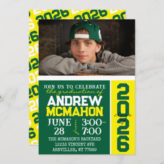 Grün & Gelb Modernes Abschluss Foto Einladung (Vorne/Hinten)