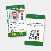 Grün Gelbe Foto- und Logopresse-ID-QR-Code Ausweis (Vorder- & Rückseite)