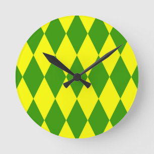 Grün Gelbe Harlekin-Karomuster Runde Wanduhr