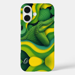 Grün Gelber Alligator Krokodil Drache Monogramm iPhone 16 Hülle