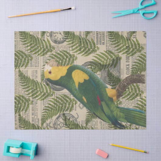 Grün-Gelber Papagei auf Blätter Decoupage Seidenpapier (Basteln)