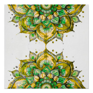 Grün-gelbes Aquarell-Blumenmandala Poster