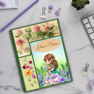 Grün gerahmte Frühlingslandschaft Süßes Blumenmädc Notizblock