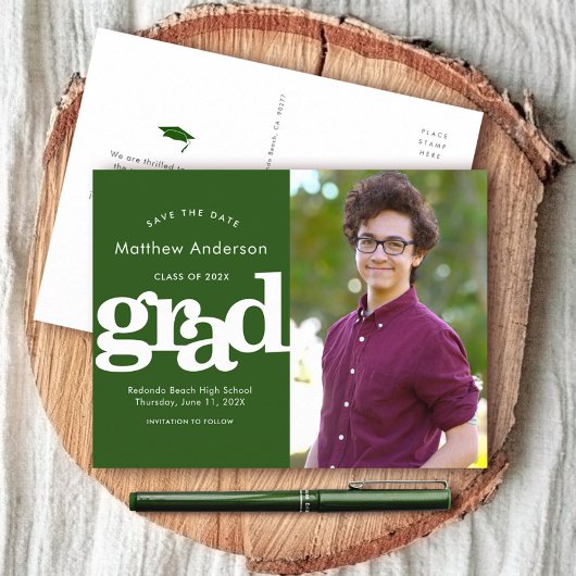 Grün gerettet Datum Abschluss Foto fett Typografie Einladungspostkarte