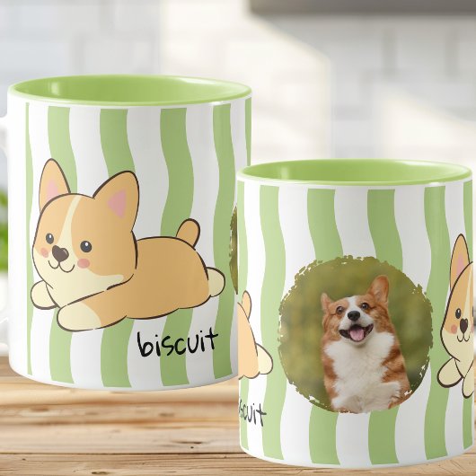 Grün gestreiftes Corgi-Fotomug-Design Tasse