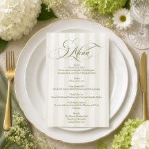 Grün gestreiftes elegantes Skript Hochzeitsmenü