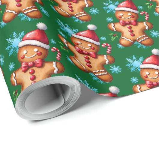 Grün Gingerbrot Mann Snowflake Muster Geschenkpapier (Rolleneckpunkt)