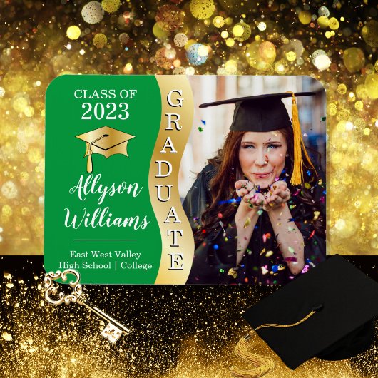 Grün | Gold Graduate Wave Grad Cap Foto Magnet