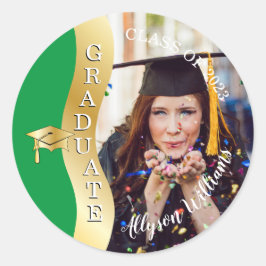 Grün | Gold Graduate Wave Grad Cap Foto Runder Aufkleber