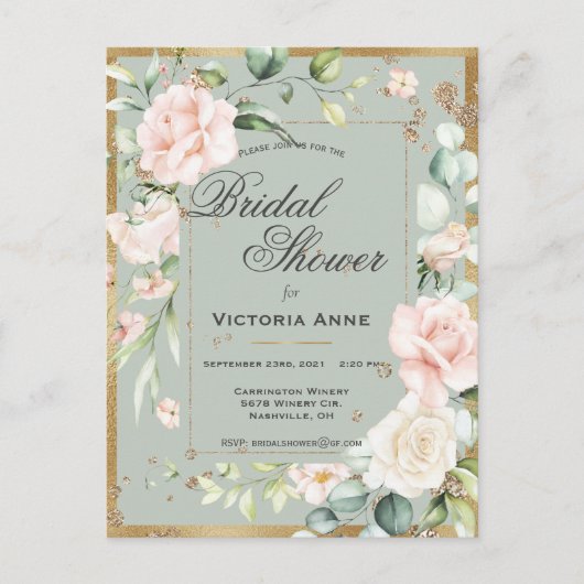 Grün goldfarbenes Brautparty in Farbe Postkarte (Vorderseite)