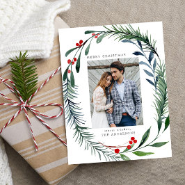 Grün & Heilige Berries Foto Feiertagspostkarte