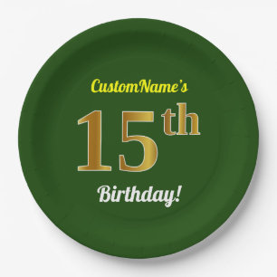 Grün, Imitat-Gold15. Geburtstag + Individueller Pappteller