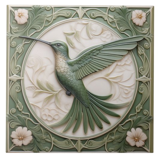 Grün Imitate Erleichterung Art Nouveau Hummingbird Fliese (Vorderseite)
