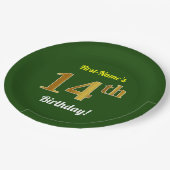 Grün, Imitate Gold 14. Geburtstag + Individuelle N Pappteller (Schrägansicht)