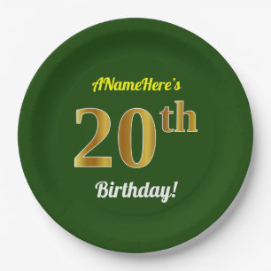 Grün, Imitate Gold 20. Geburtstag + Individuelle N Pappteller