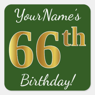 Grün, Imitate Gold 66. Geburtstag + Individuelle N Quadratischer Aufkleber
