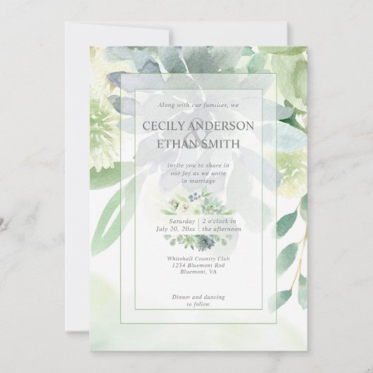 Grün & Indigosukkulente Weiße Blume Hochzeit Einladung (Vorderseite)