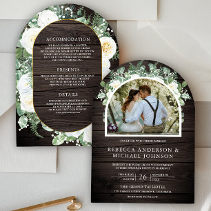 Grün Ivory Floral All-in-One Holz-Bogen Hochzeit Einladung