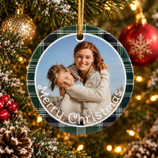 Grün kariert Gingham Familienfoto Frohe Weihnachte Keramik Ornament