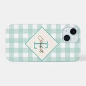 Grün Kariert, Monogramm iPhone 15 Hülle (Rückseite (Horizontal))