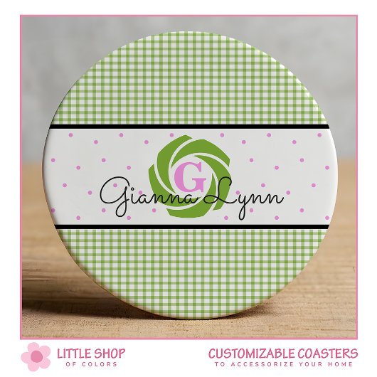 Grün kariert Monogramm Runder Pappuntersetzer