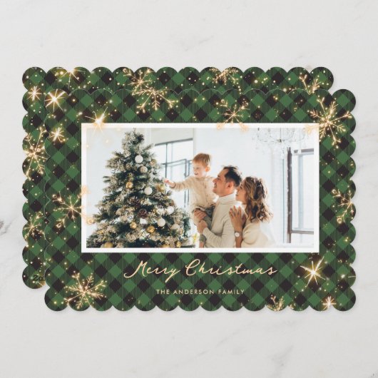 Grün Kariert Sparkling Snowflake Foto Weihnachten (Vorne/Hinten)