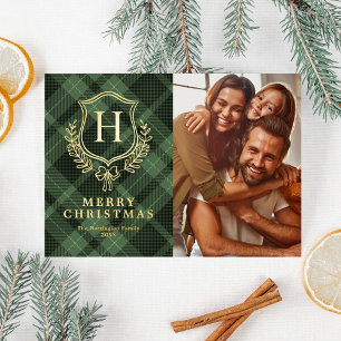 Grün karierte Monogramm-Foto-Weihnachten Folien Feiertagskarte