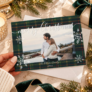Grün kariertes Schneeflocken-Foto Frohe Weihnachte Feiertagskarte