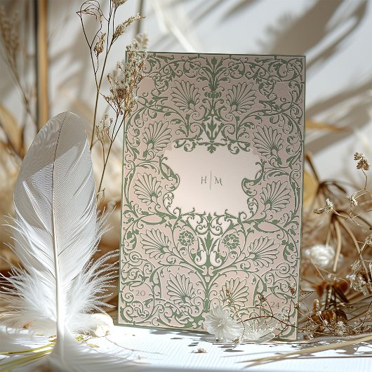 Grün-Korallen-Rokoko-Inspirierte Hochzeit Einladung