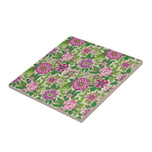 Grün lila und beige Retro-Blumenmuster Fliese