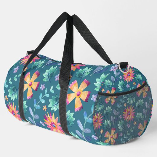 GRÜN MIT PINK & GELBEN RANDOM-BLUME DUFFLE BAG (Rechte Ecke)