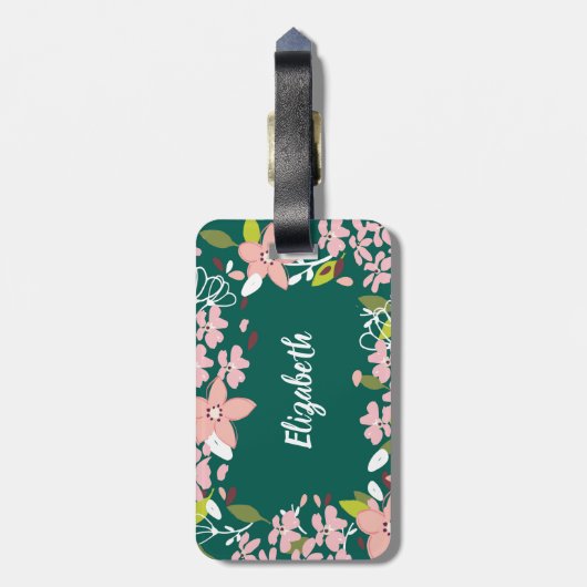 Grün mit rosa Blume Personalisiert Gepäckanhänger (Rückseite vertikal)