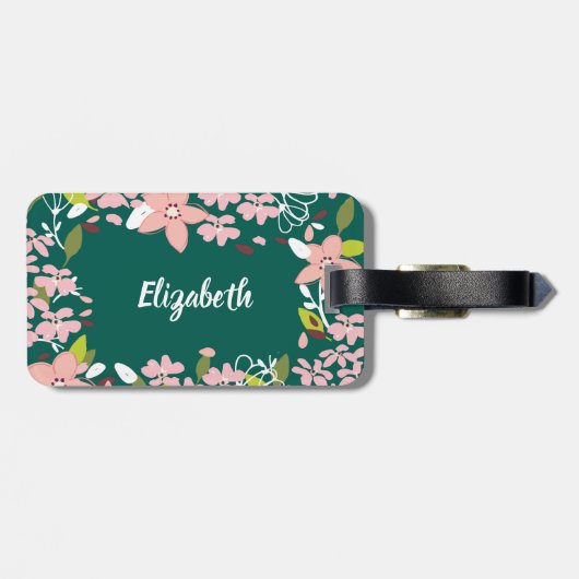 Grün mit rosa Blume Personalisiert Gepäckanhänger (Rückseite horizontal)